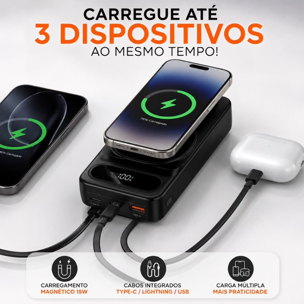 Power Bank 20000mAh Carregador Portátil Magnético 22.5W Display Digital Cabos Integrados USB Tipo C Lightning