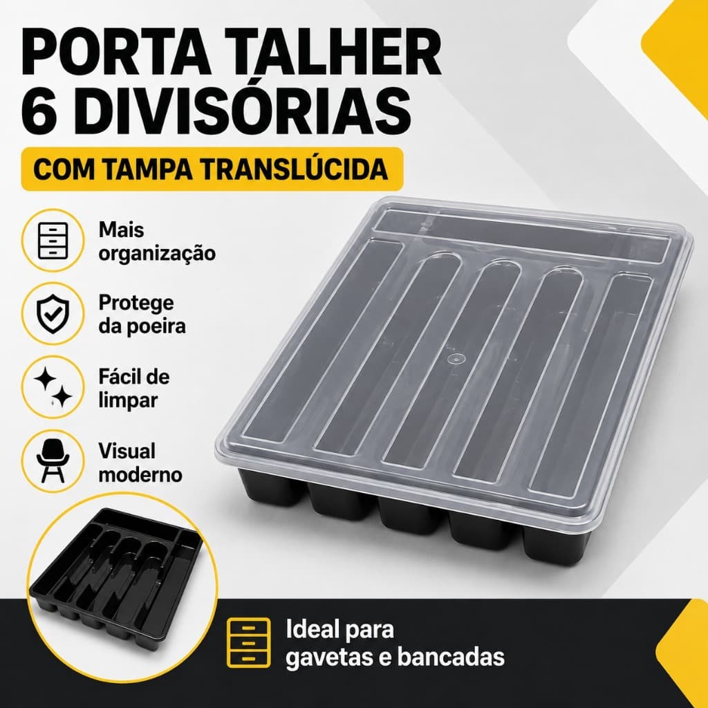 KIT 2 PORTA TALHERES BORGANIZADOR 6 DIVISORIAS GARFO FACA COLHER COM TAMPA  DE GAVETA PERFEITO