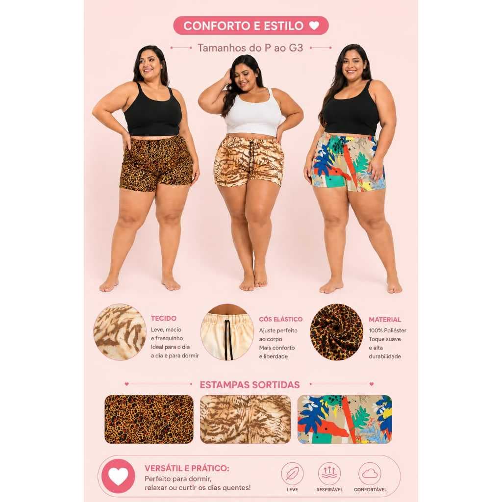 Kit 03 Shorts PLUS SIZE Femininos Estampados Sortidos Em Malha Crepe Leve e Confortável Perfeito Para o Dia a Dia