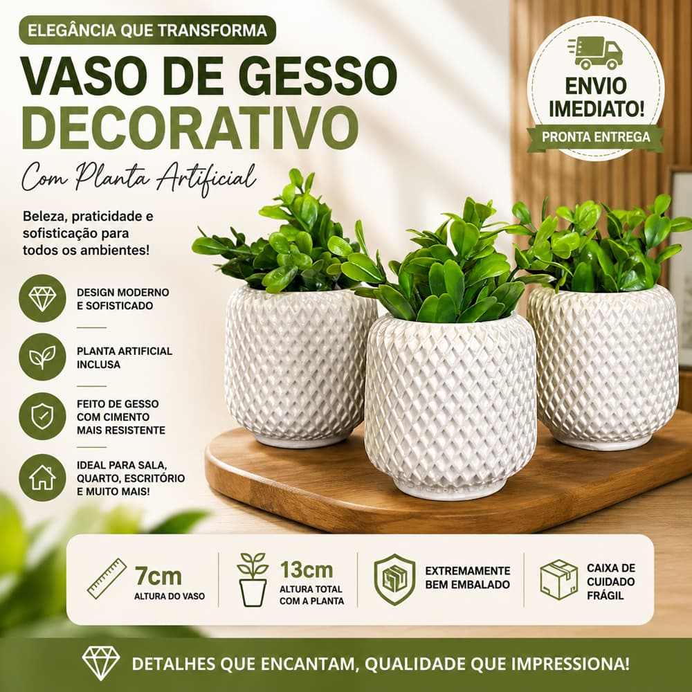 Vasos de Gesso Com Plantas Artificiais - Sala Casa Escritorio Mesa - Santorini