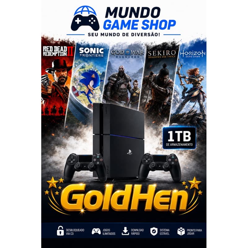PS4 Fat 1TB Desbloqueado GoldHEN + 2 Controles + C/Jogos