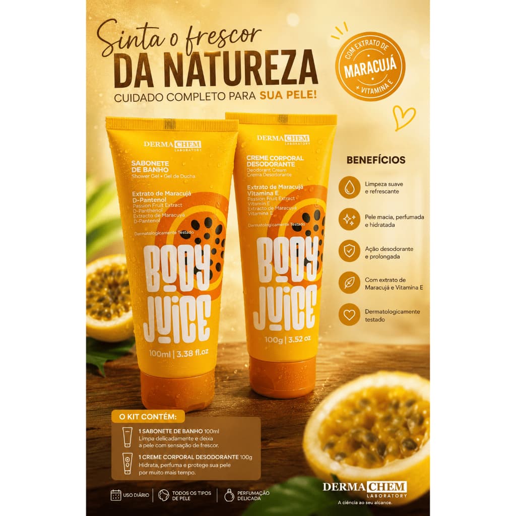 Kit Maracujá Sabonete de Banho Creme Corporal Desodorante Hidratante Body Juice Dermachem