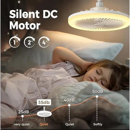 Ventilador de teto com luz LED ajustável, baixo ruído, função de resfriamento, giratório, inclui controle remoto.