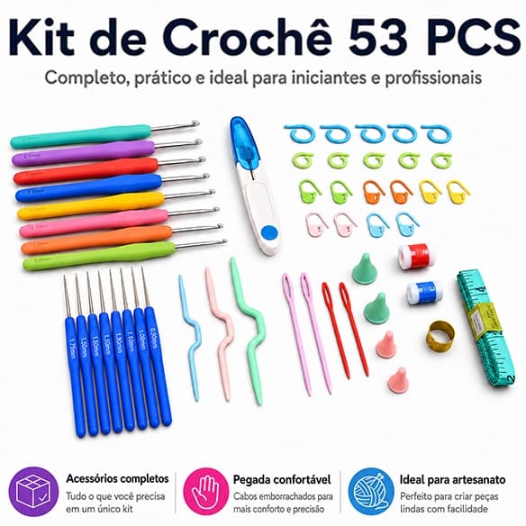 Kit Crochê 53 Peças Completo Agulhas Ergonômicas com Estojo e Acessórios