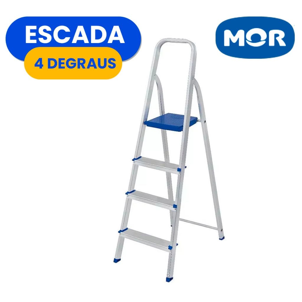Escada Alumínio 4 Ou 3 Degraus MOR Dobrável Resistente Doméstica Tesoura Suporta 120kg Reforçada Aço