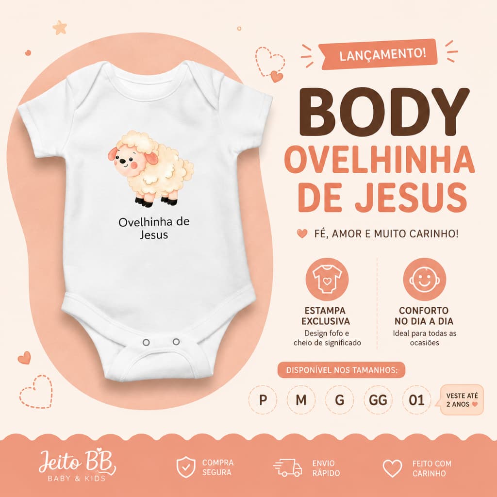 Body bebê infantil branco manga curta estampa Ovelhinha de Jesus