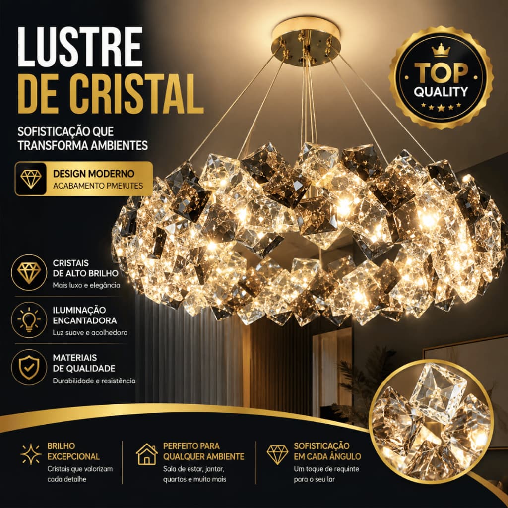 Lustre Cristal K9 Fumê e Transparente Dourado Pendente Moderno Luxo Sala de Jantar E14 Bivolt