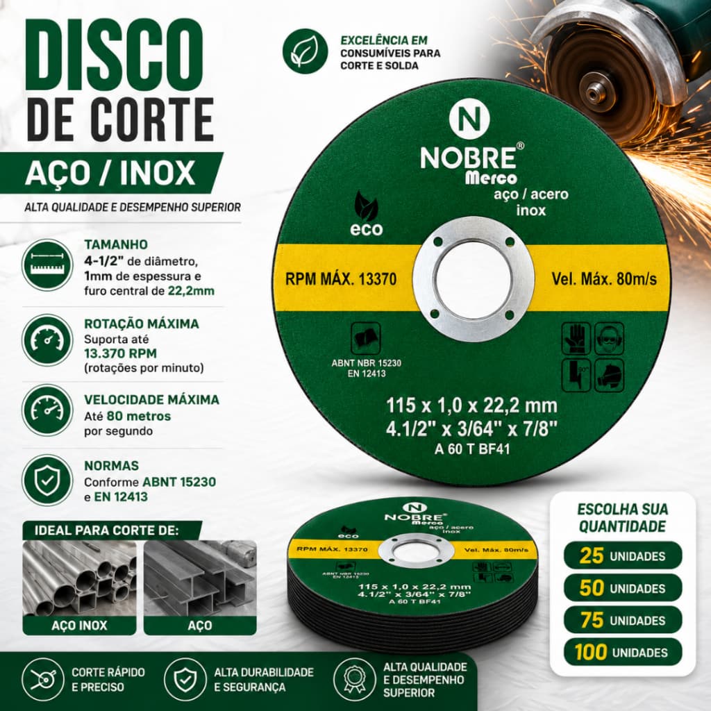 Disco de Corte Merco Aço Inox 4.1/2 Pol 115x1,0x22,2mm Corte Fino Esmerilhadeira Alta Performance