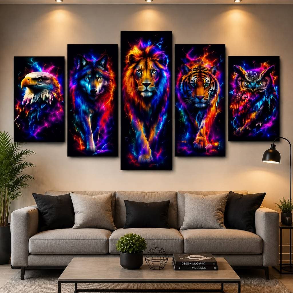 Quadros Decorativos Kit 5 Peças Animais Neon Leão Lobo Tigre Águia MDF Parede Sala Quarto
