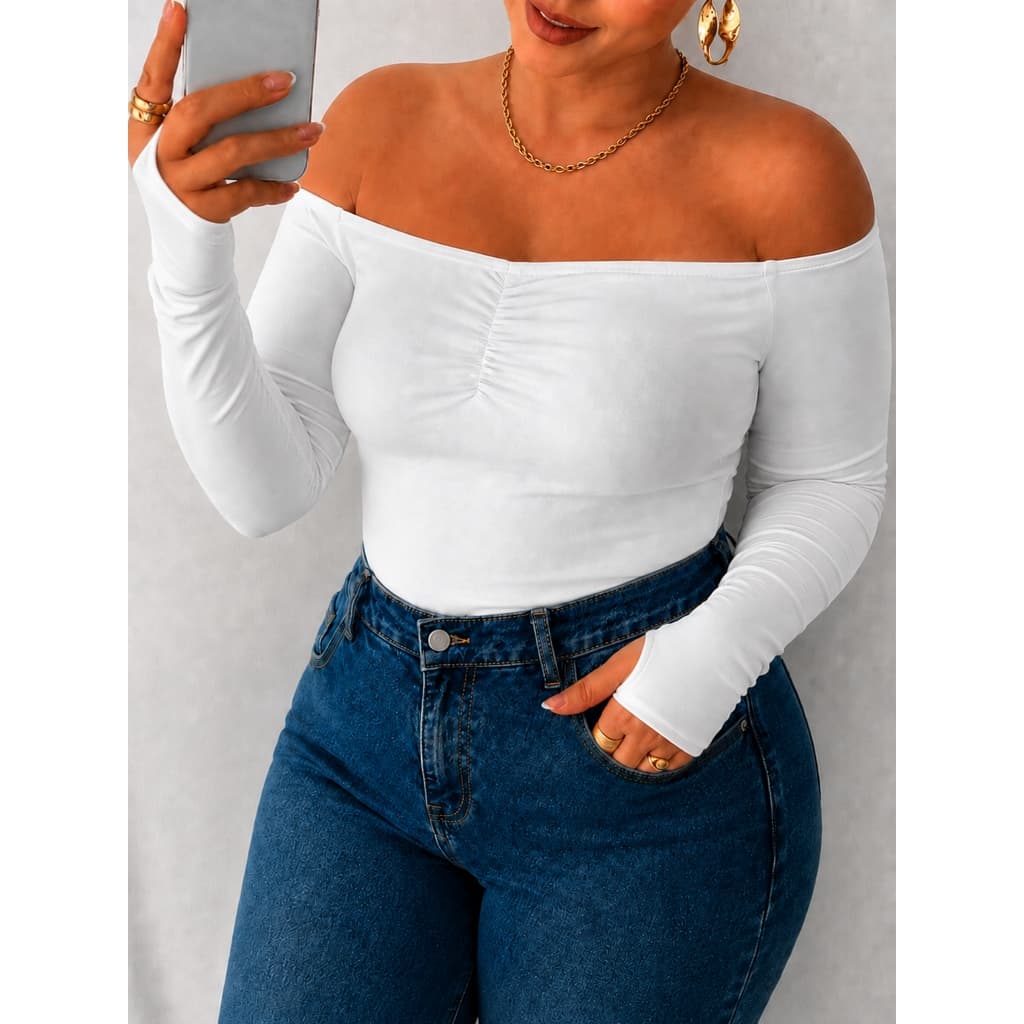 Blusa Feminina Manga Longa Plus Size Ombro a Ombro Cropped Ciganinha Com Furo no Dedo Luva
