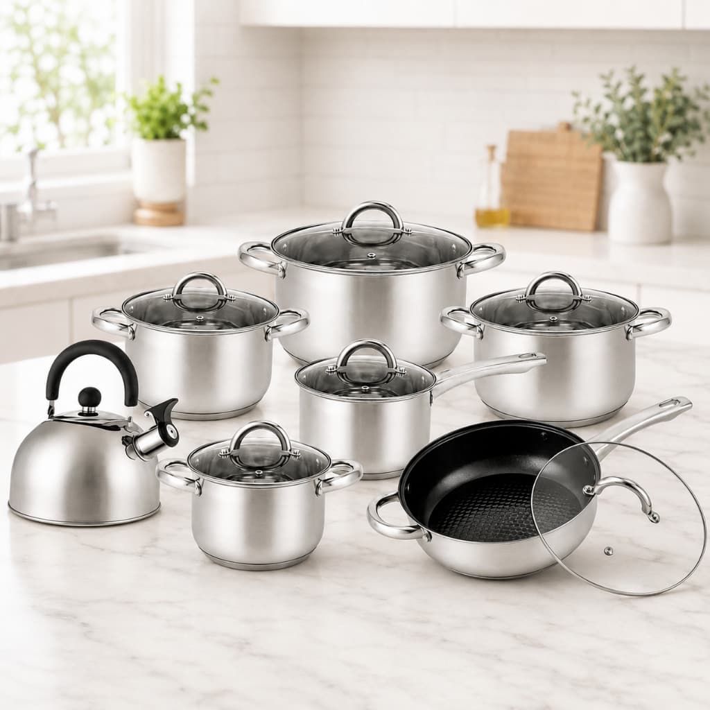 Jogo de Panelas Longstar 14 Peças Aço Inox com Frigideira Antiaderente, Chaleira e Tampas de Vidro
