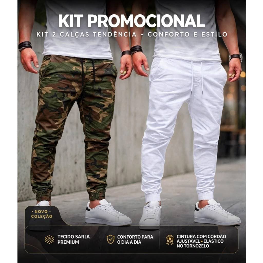 Combo 2 Calças Jogger Masculina Sarja ou Jeans com Bolsos e Punho Elástico Streetwear
