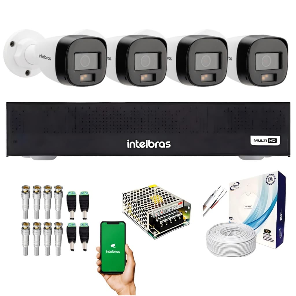Kit 4 Câmeras intelbras VHD 1120 B Full color + Dvr 4 Canais intelbras MHDX 1204-C DA H265+ LGPD inteligencia artificial
