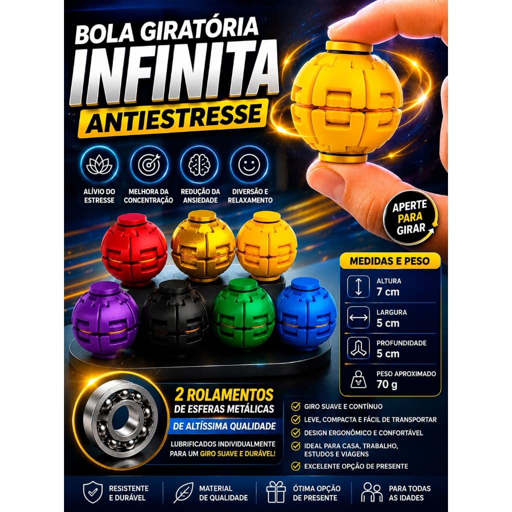 Bola Giratoria Rolamento Metalico Inifinita Anti Estresse TDAH Hiperfoco Concentracao Brinquedo Sensorial