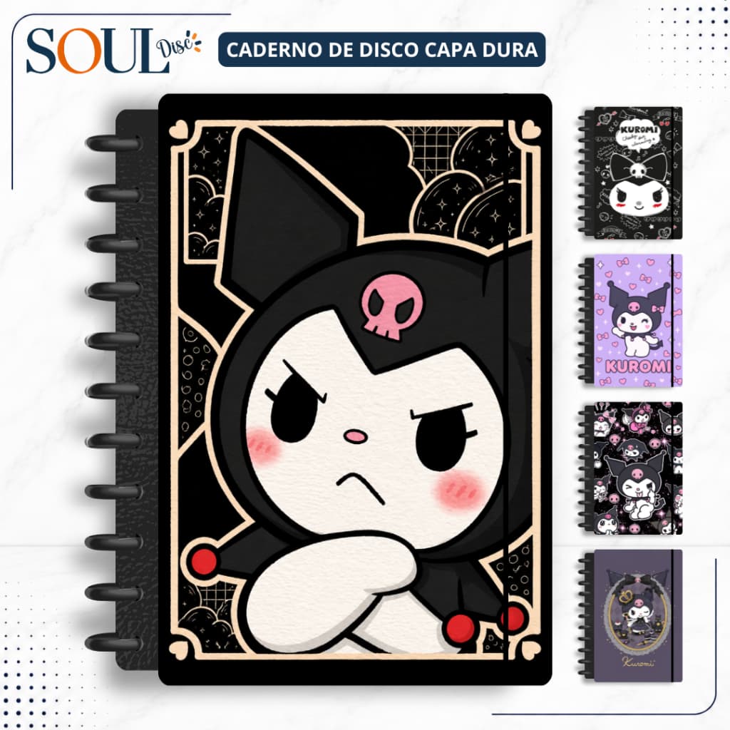 CADERNO DE DISCO INTELIGENTE  KUROMI - MINI, P, M, G e (G de 10 MATÉRIAS) - COM NOME