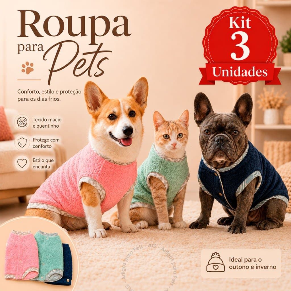 Kit 3 Roupinha para Pet 100% Soft Roupa Inverno Frio Cachorro Gato Cães Pequeno e Grande Porte Macho e Fêmea
