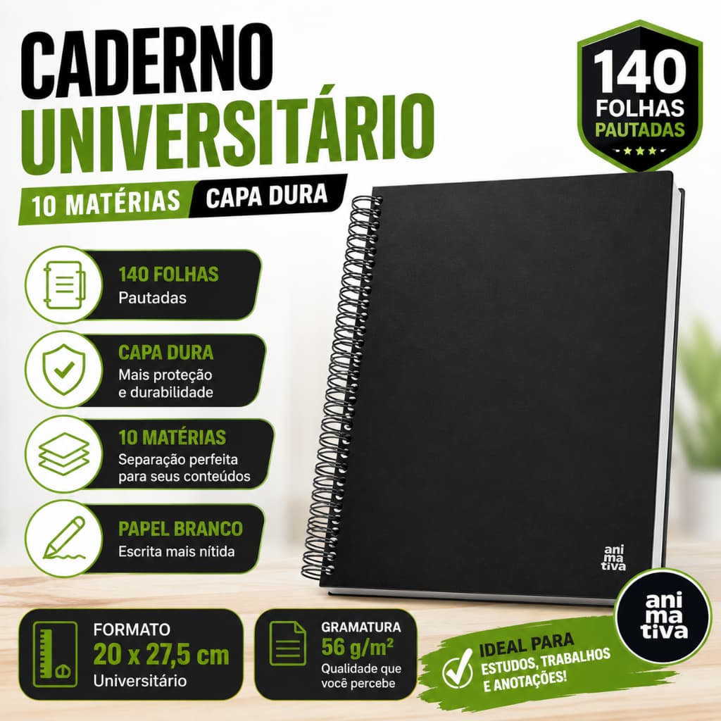 Caderno Universitário 10 Materias Capa Dura 140 Folhas Kbom Black