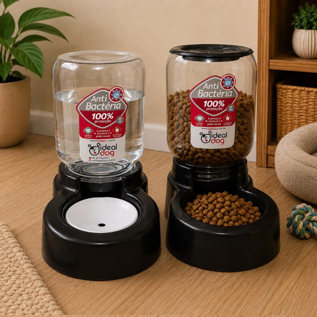 Comedouro 1,5kg E Bebedouro 3lts Com Limitador Automático Para Cães Cachorros E Gatos Água Ração Ideal Dog
