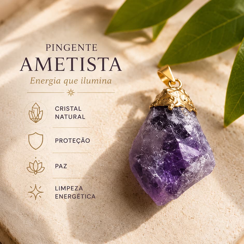 Pingente Ametista Bruta Natural Pedra Cristal Proteção Paz Energia Premium Luxo Elegante
