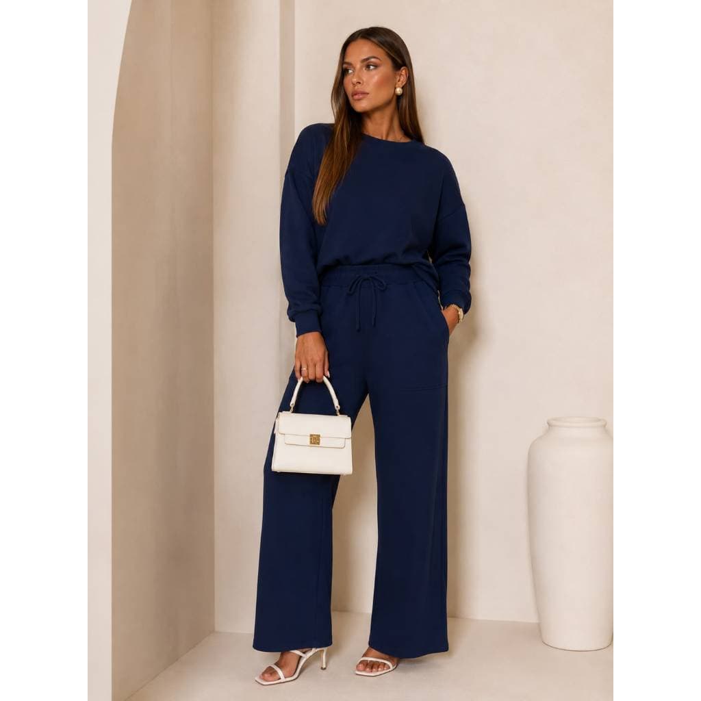 Conjunto Feminino Azul-Marinho Blusa Manga Longa e Calça Pantalona Cintura Alta Elegante Casual