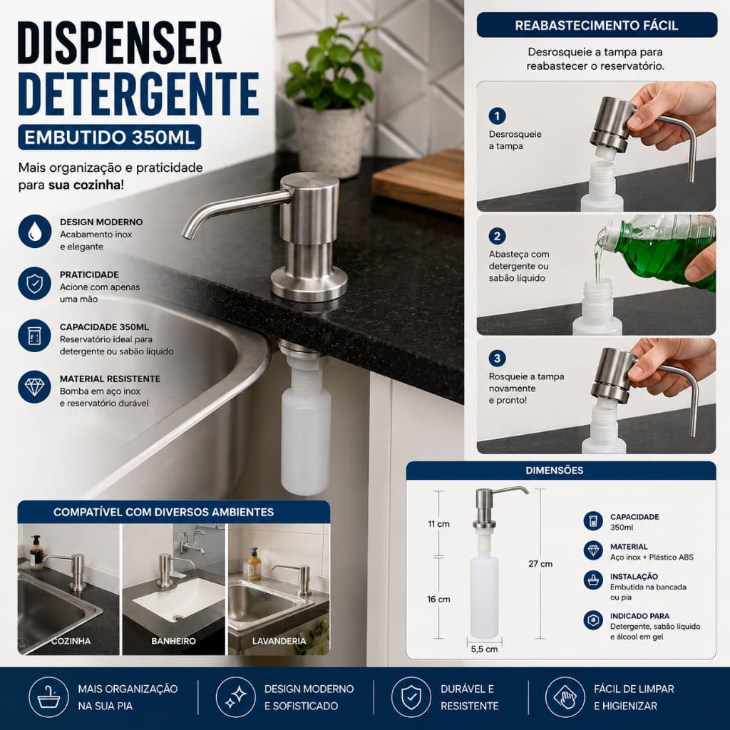 Dispenser de Detergente Embutido 350ml para Pia Cozinha Sabão Líquido Porta Detergente Inox