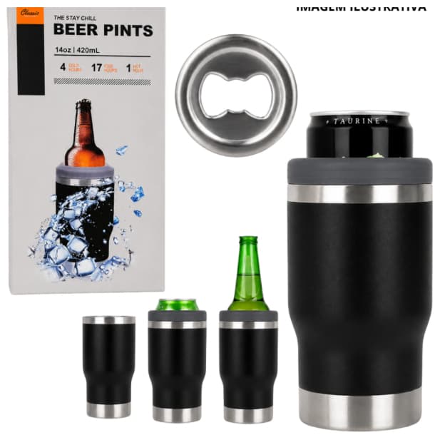 Copo Térmico Long Neck com Suporte e 2 Tampas Aço Inox