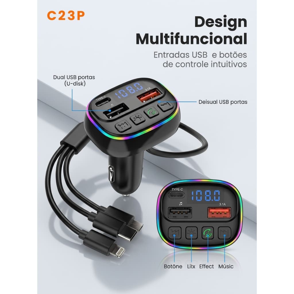 Transmissor Carro Sem Fio Bluetooth Fm Mp3 Player Carregador Ultramax Ult-C23P