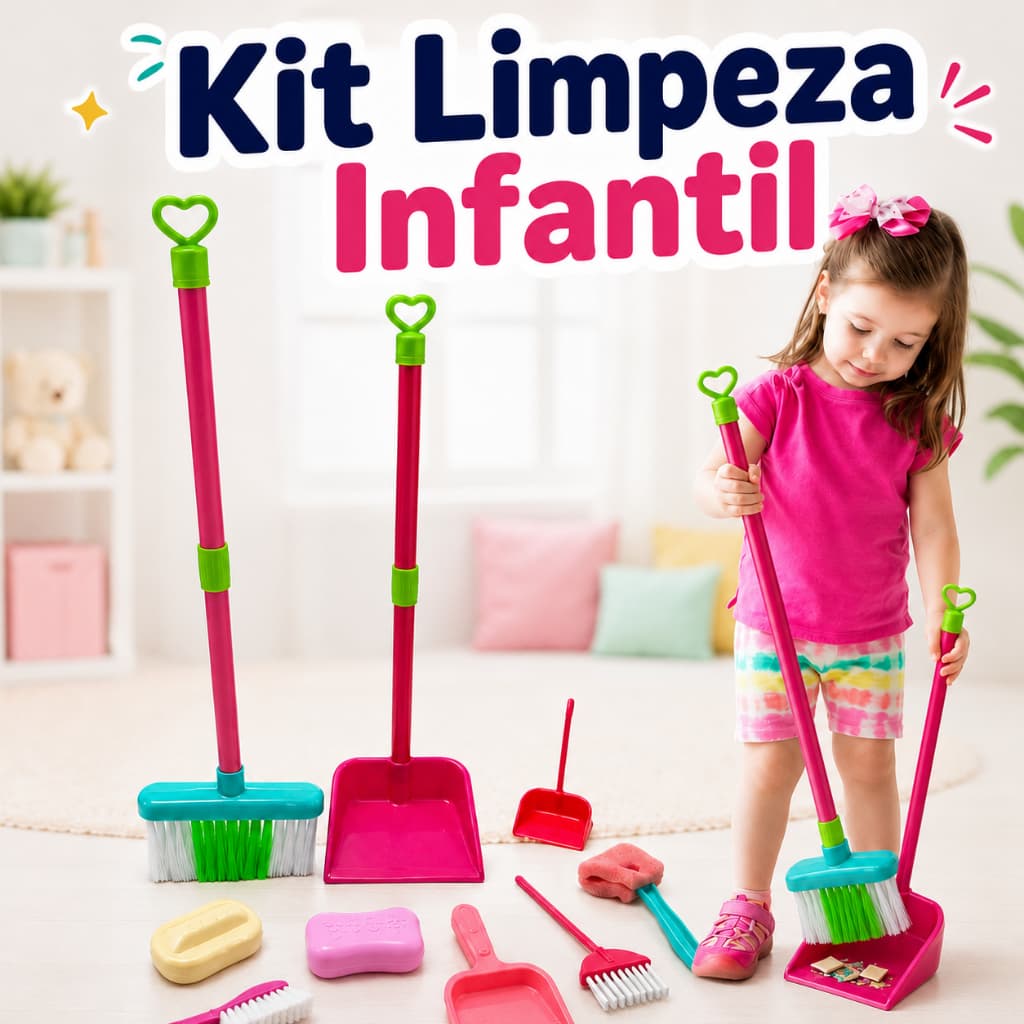 Kit Limpeza Infantil Vassoura Rodo Pá e Acessórios Brinquedo
