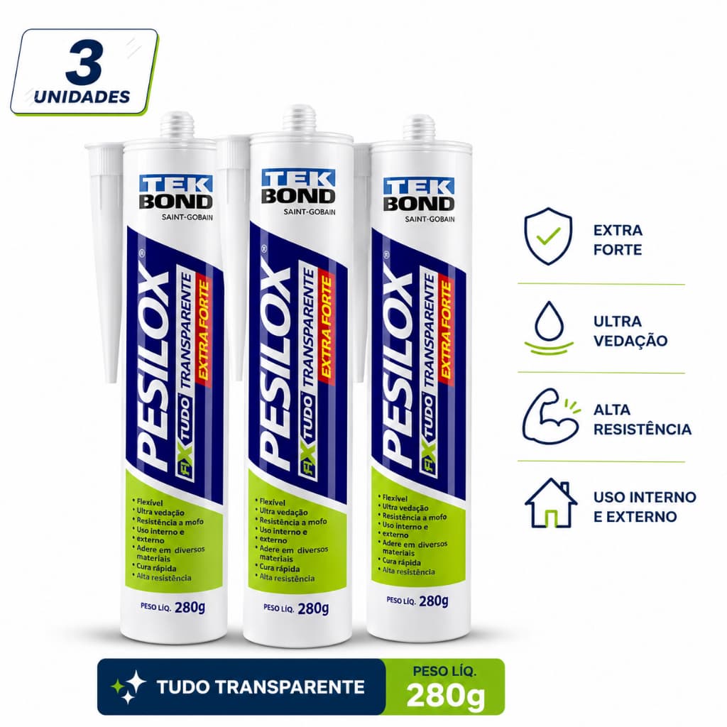 Kit 3 Pesilox Transparente 280g Fix Tudo Silicone Extra Forte - Tekbond