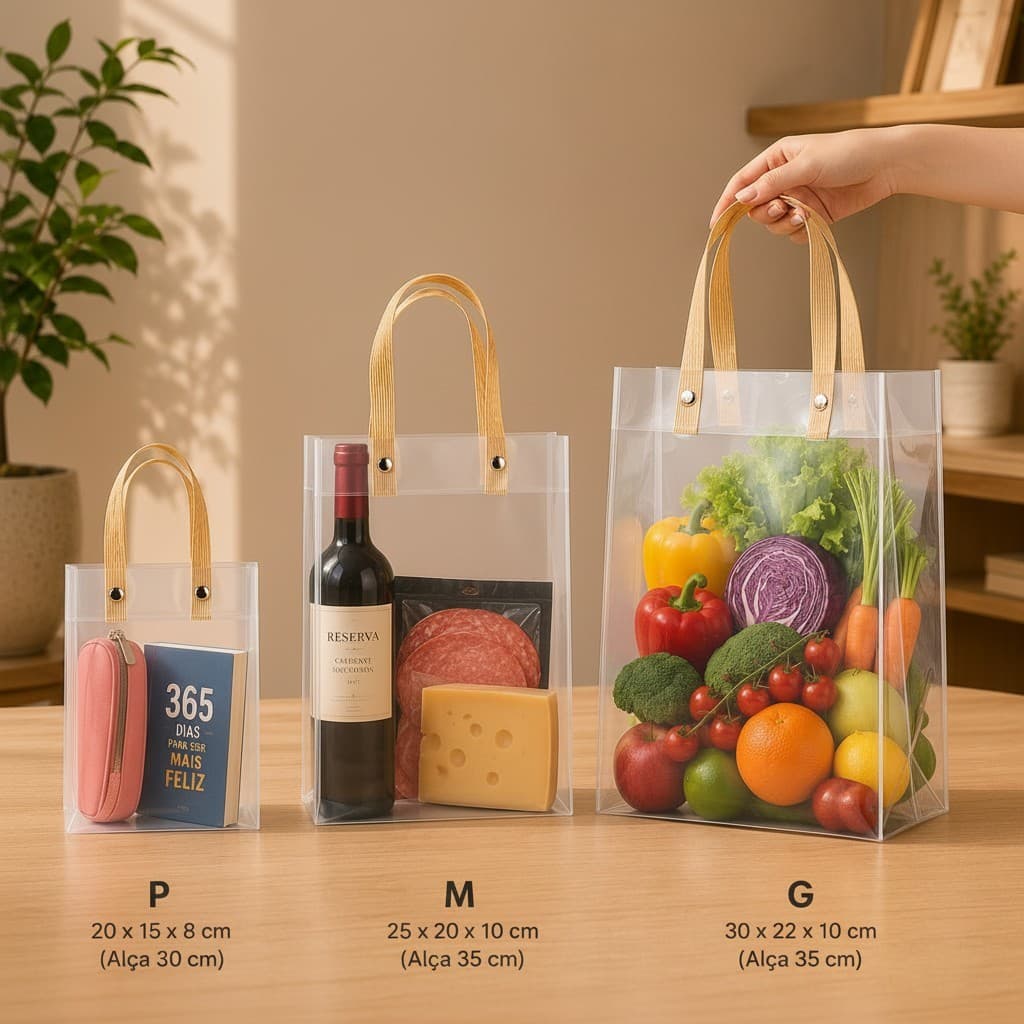 Sacola PVC Transparente P M G Bolsa Organizadora Multiuso Resistente Impermeável com Alça e Botão