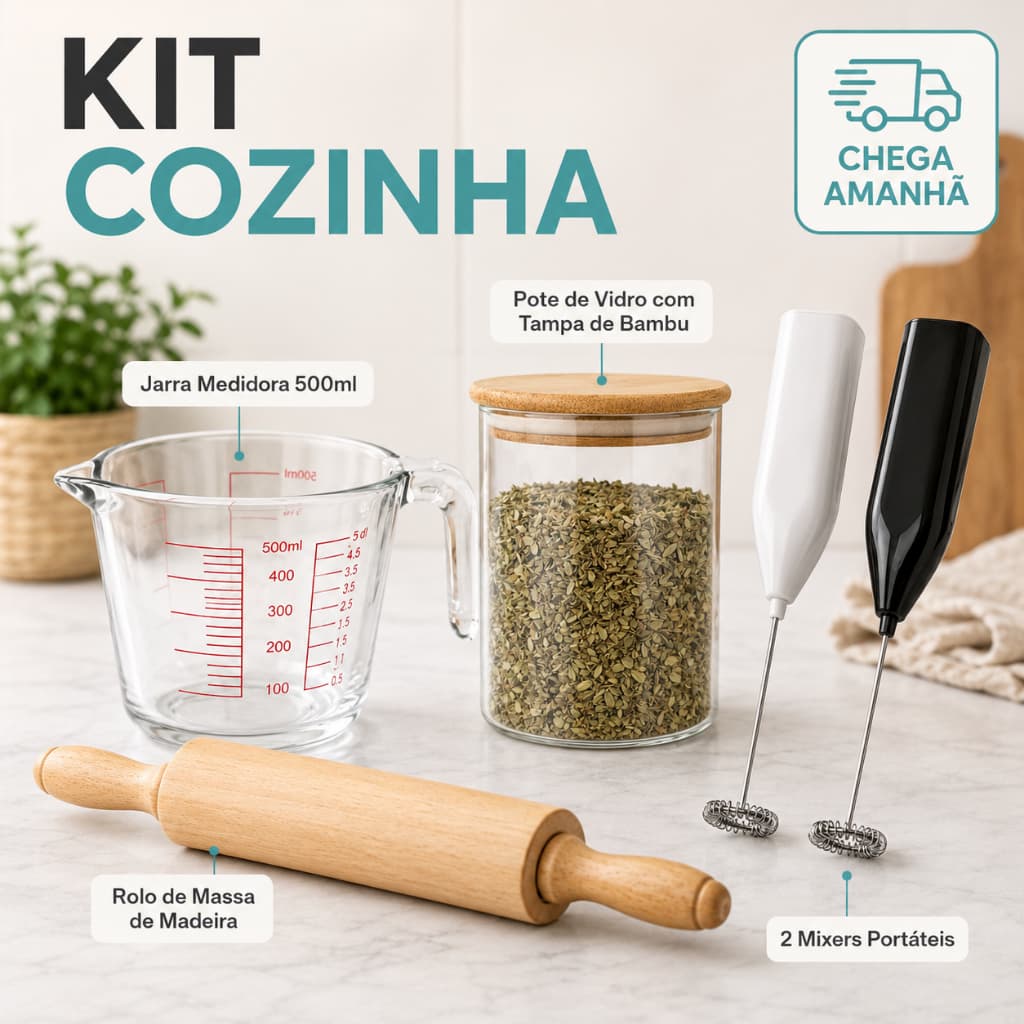 Kit Jarra Medidora Vidro Resistente + Pote Vidro Com Tampa De Bambu + Rolo De Massa Madeira +Mixer Misturador Elétrico