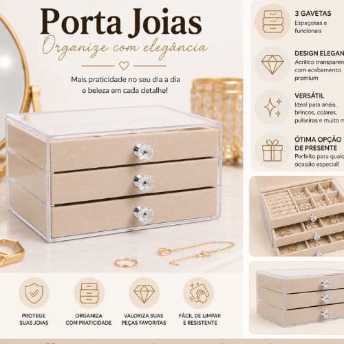 Porta Joias Premium em Acrílico com 3 Gavetas e Revestimento Aveludado