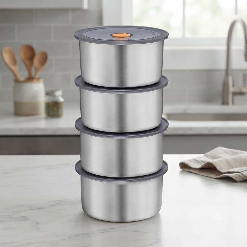 Kit 4 Potes Inox 450ml Hermético Redondo Empilhável Cozinha Geladeira