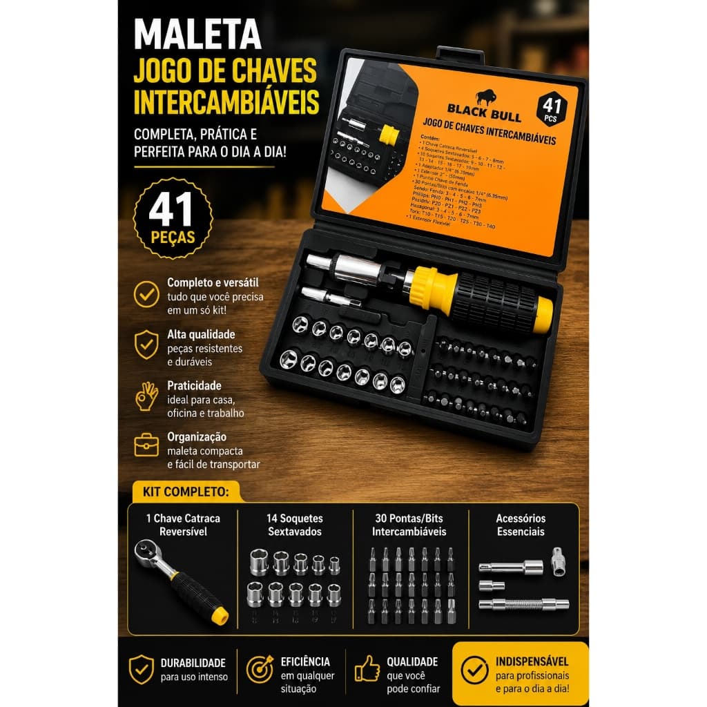 Jogo Chaves Intercambiáveis 41 Peças - Ponteira Catraca Soquete Fenda Philips Robertson Allen- Marca Black Bull