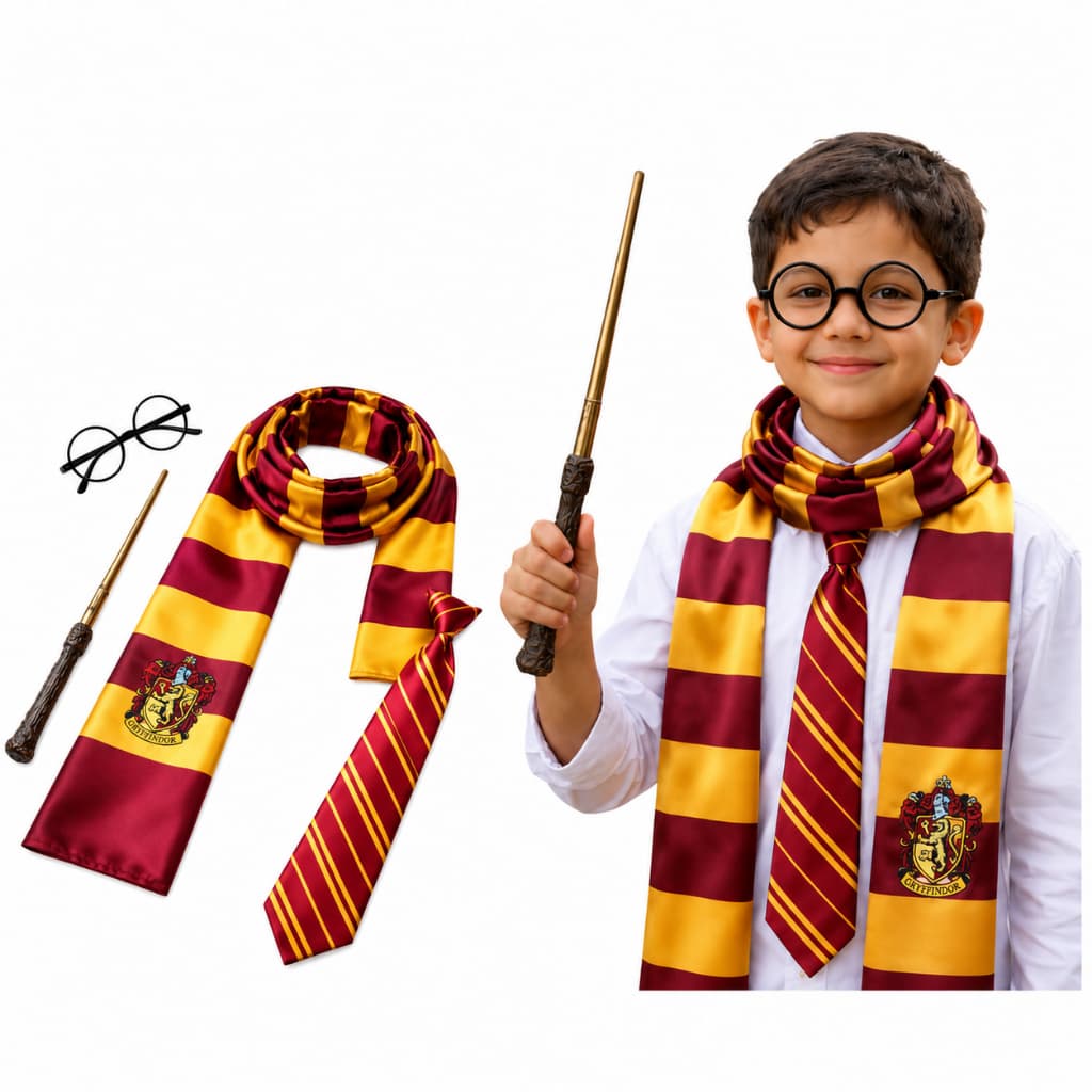 Kit Fantasia Harry Potter Grifinória 4 Peças Bruxo Varinha Oculos Cachecol Gravata Cetim Luxo Acessório Festa Cosplay