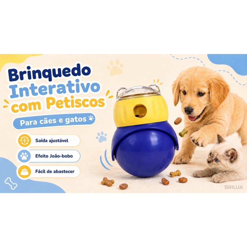 Brinquedo Interativo Dispenser de Petiscos para Cães e Gatos com Saída Ajustável Efeito João-Bobo