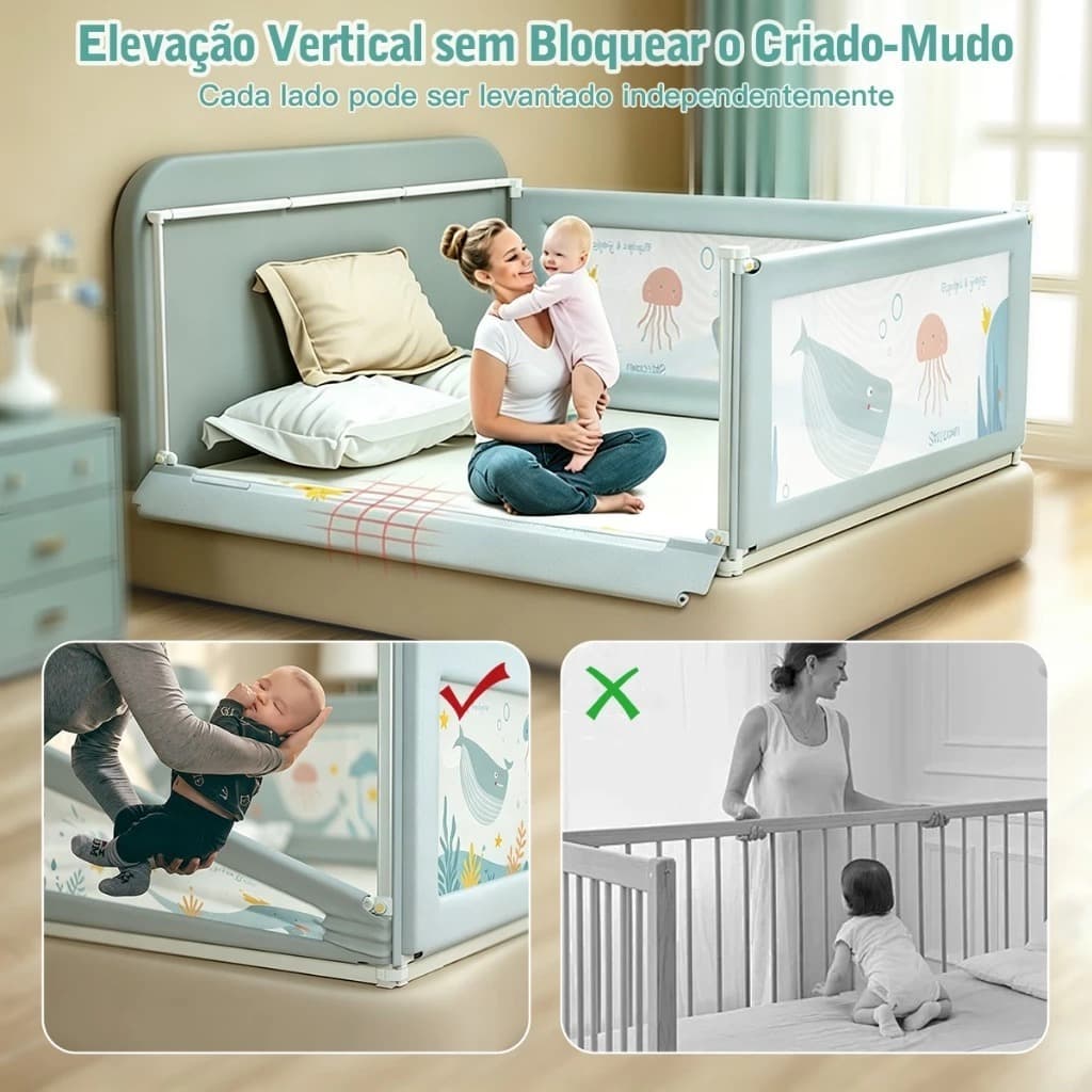 Ref.pakey X -  Grade de Cama com Proteção Infantil Idosos Bebê com Tela de Segurança 2m