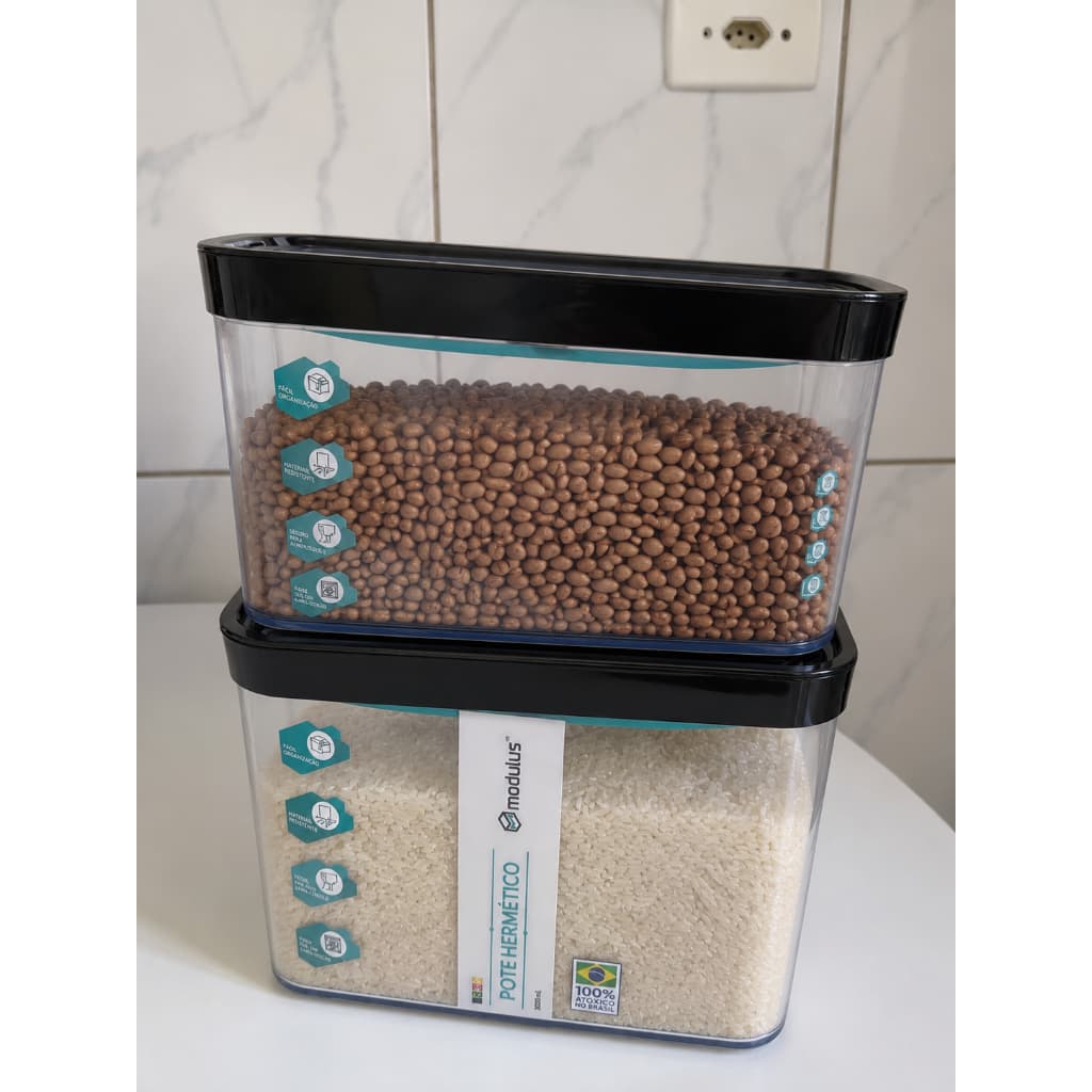 Kit 2 Potes Herméticos Helsim 4L + 2,5L Tampa Preta Organizador de Mantimentos Livre de BPA