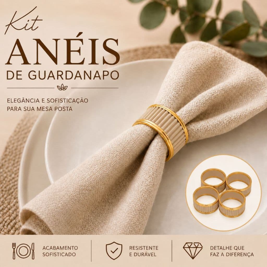 Kit Anéis Porta Guardanapo Bege e Dourado 6 ou 12 Unidades Mesa Posta Luxo Decorativo Argola