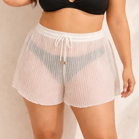 Saída Praia Plus Size Shorts Transparente Cordão Feminino Adulto Soltinho Blogueira Biquíni Verão