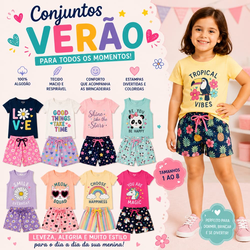 Conjunto Infantil Menina Verão Kit com 2, 3 ou 5 Conjuntos Camiseta e Short com Estampas e Cores Sortidas