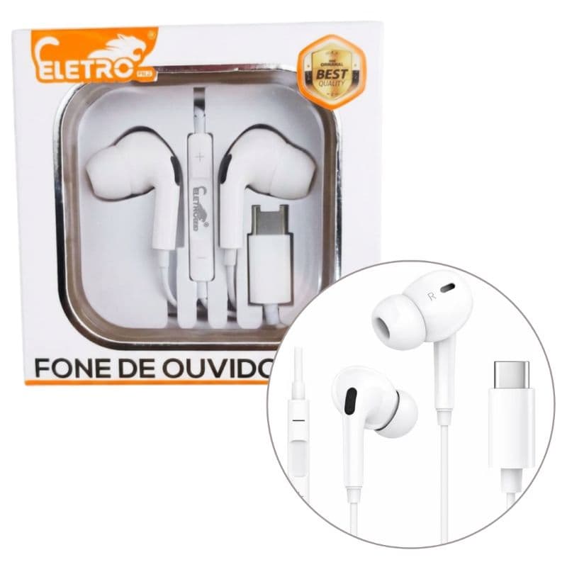 Fone de Ouvido Tipo-C Eletromex USB Branco
