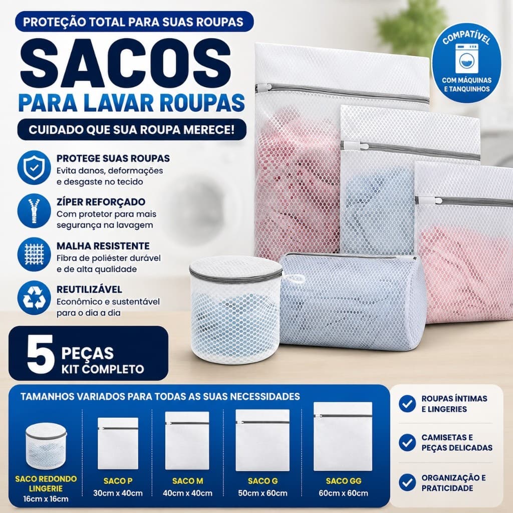Saco para Lavar Roupa Kit 5 Bolsas Protetoras com Zíper Reforçado Reutilizável para Roupas Delicadas