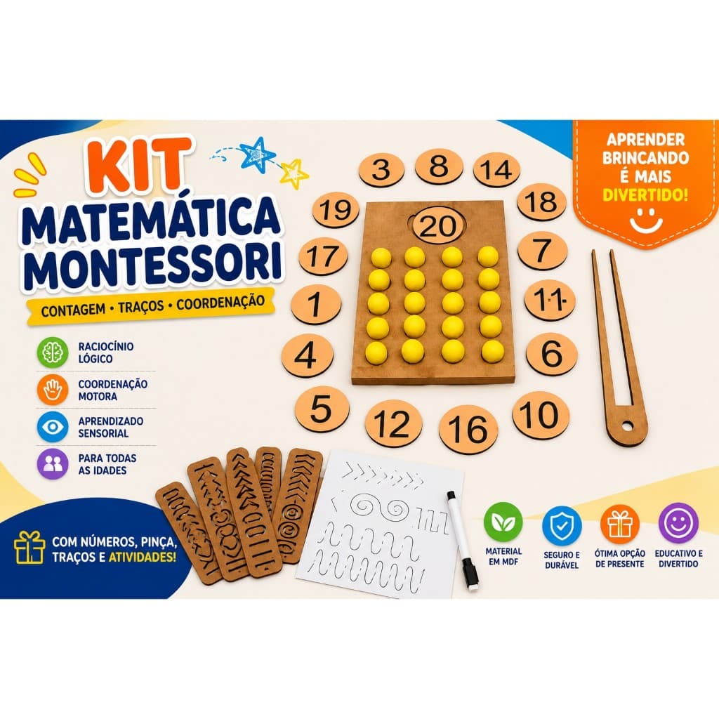 Kit 2 Brinquedos Montessori Placas De Grafismo Pré Escrita Jogo De Contagem Com Pinça Coordenação Motora Fina MDF
