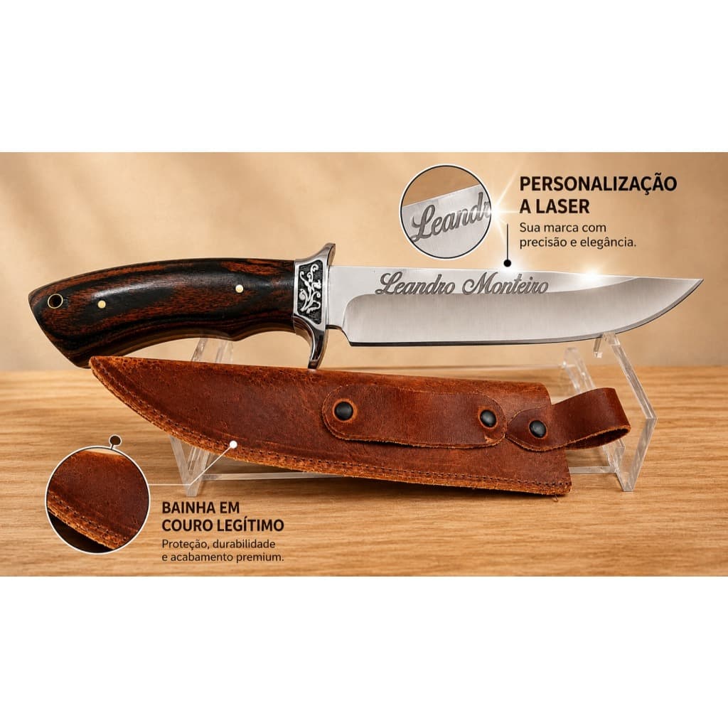 Faca Personalizada Com Nome Gravado a Laser Churrasco Picanheira Inox 30cm Bainha Couro Legítimo