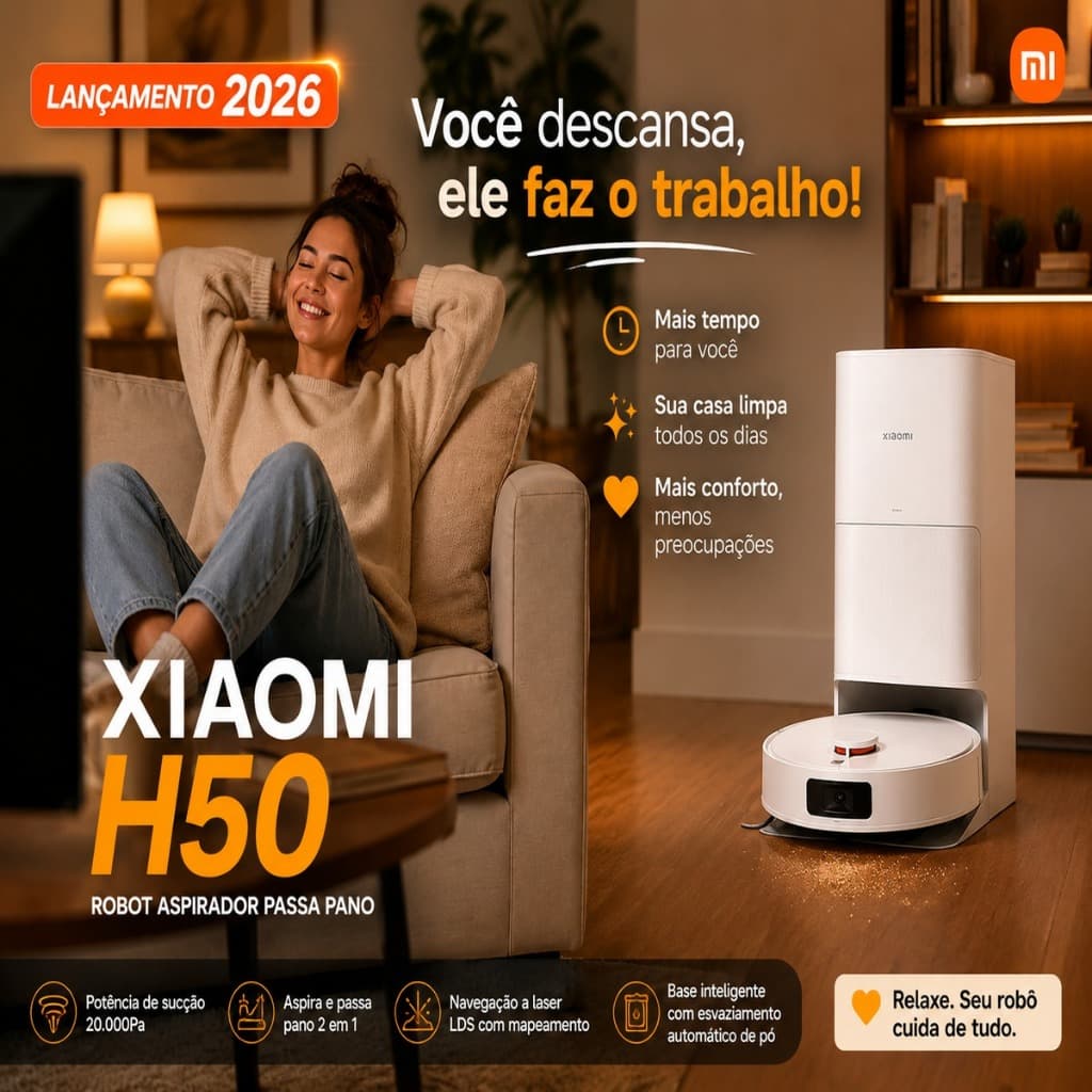 Xiaomi H50 Robô Aspirador Passa Pano Base Inteligente 10.000Pa Autoesvaziável Wi-Fi App Alexa Google | Lançamento 2026