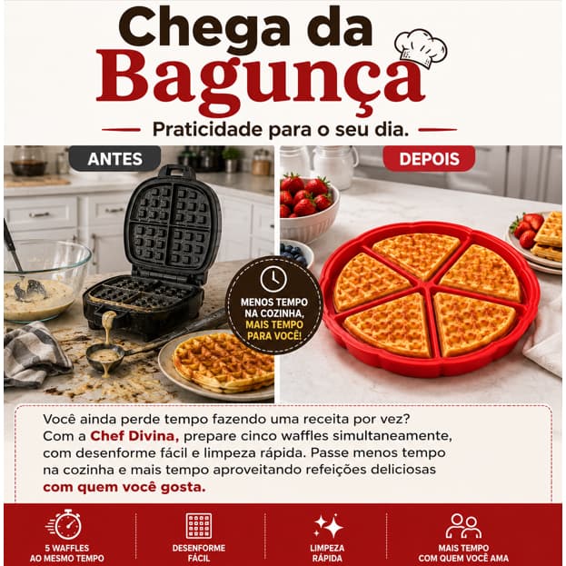 Forma Silicone Waffle Antiaderente 5 Divisórias para Forno Reutilizável Chef Divina™