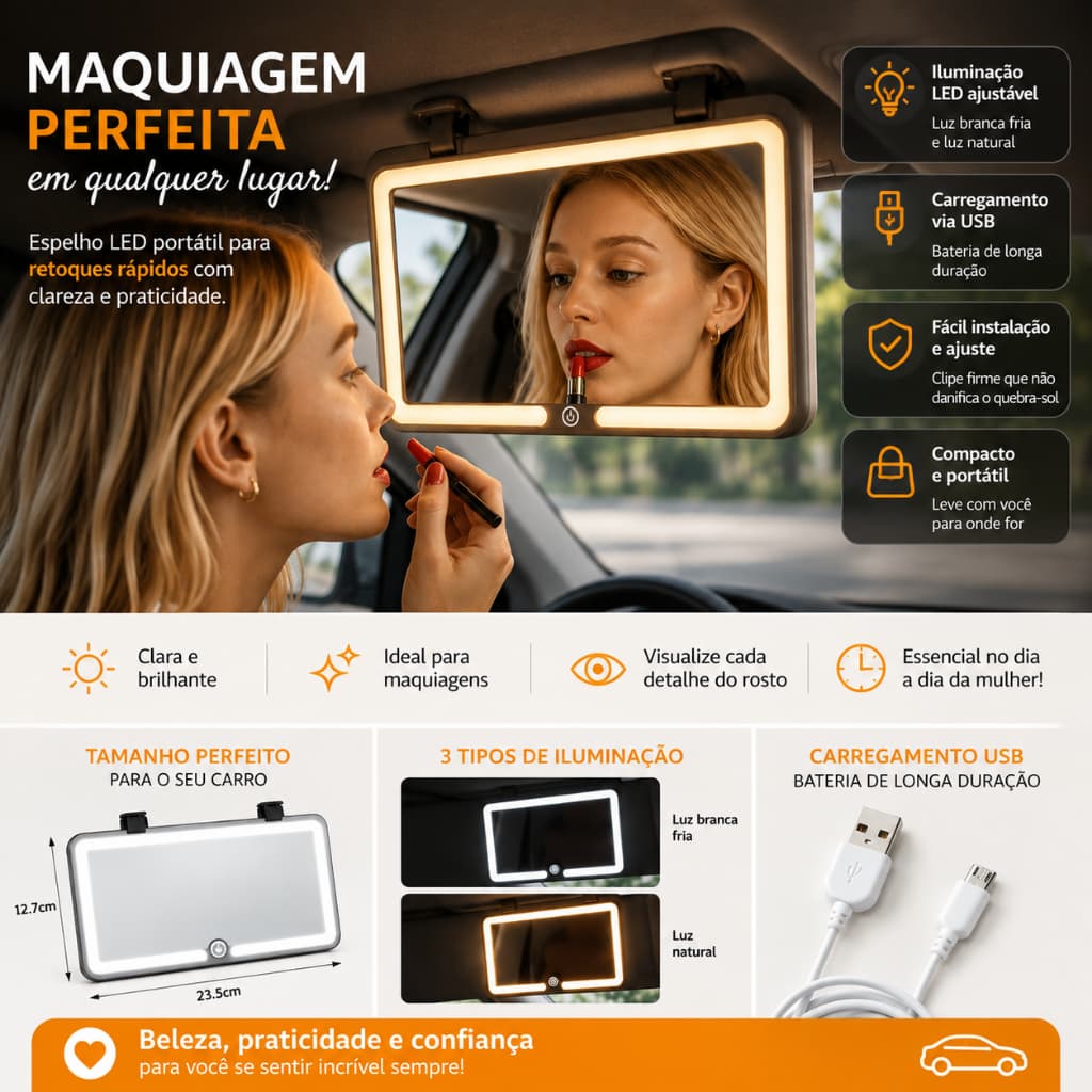 Espelho Maquiagem LED 60 LEDs 3 Modos de Luz Recarregável USB Portátil Dobrável para Bolsa Carro e Viagem