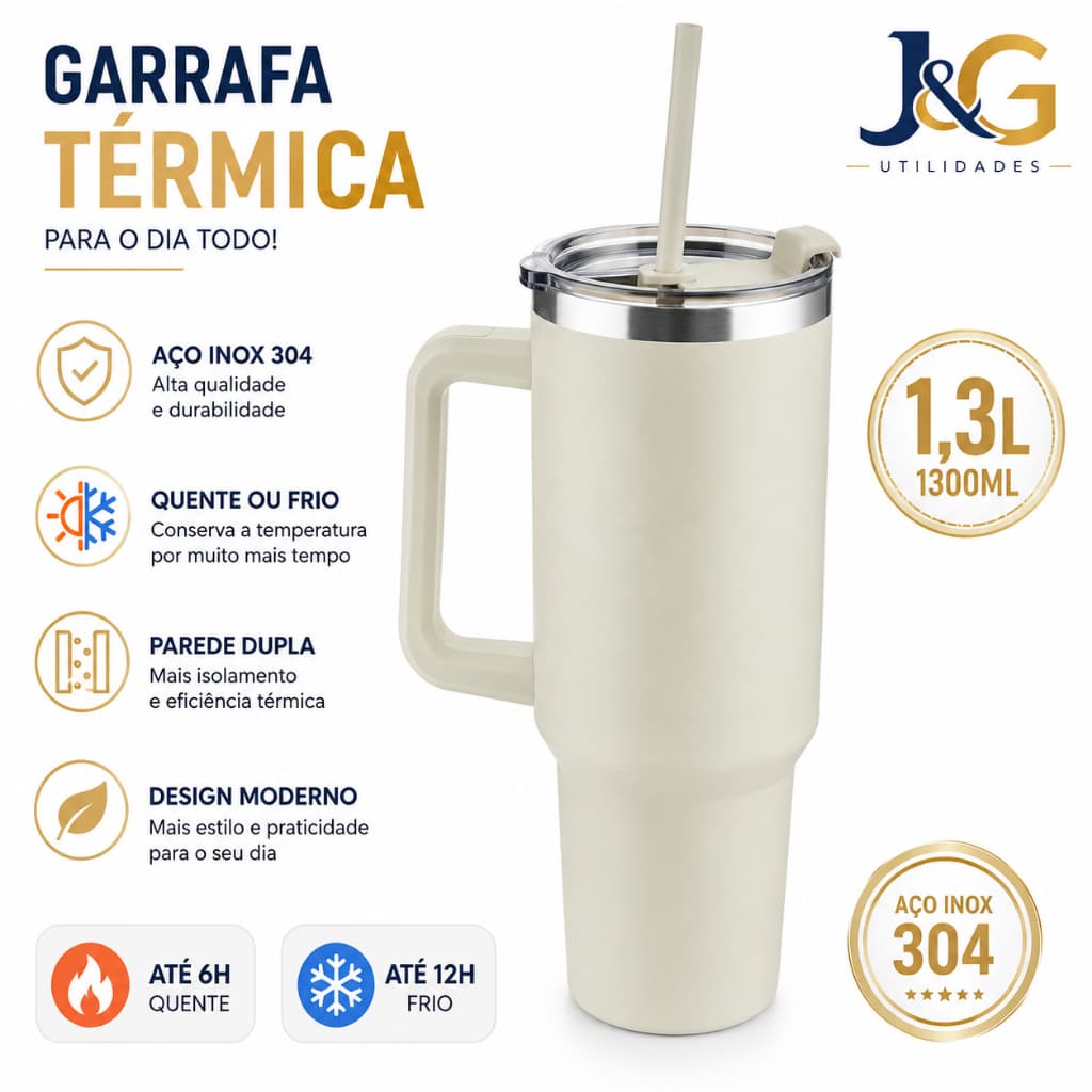 Garrafa Térmica Inox 1300ml com Alça e Canudo Parede Dupla Bege