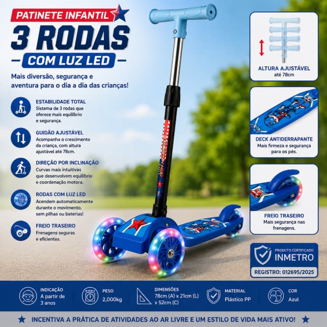 Patinete Infantil 3 Rodas com Luz LED Azul | Guidão Ajustável | A partir de 3 Anos